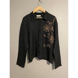 Vintage Shes All That Shirt Womens Medium Black Button Floral Embroidered Top